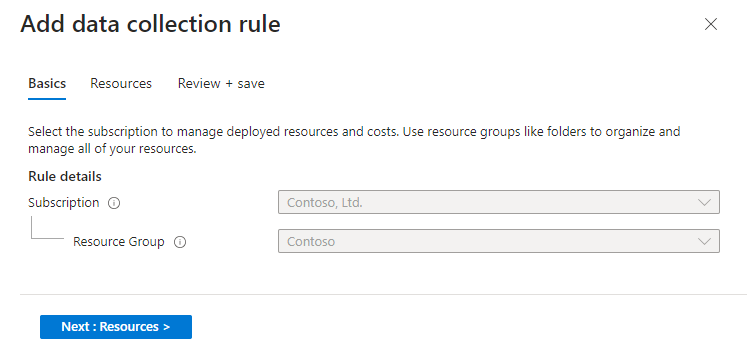 Capture d’écran de la création d’une DCR pour le connecteur DNS Windows via AMA.