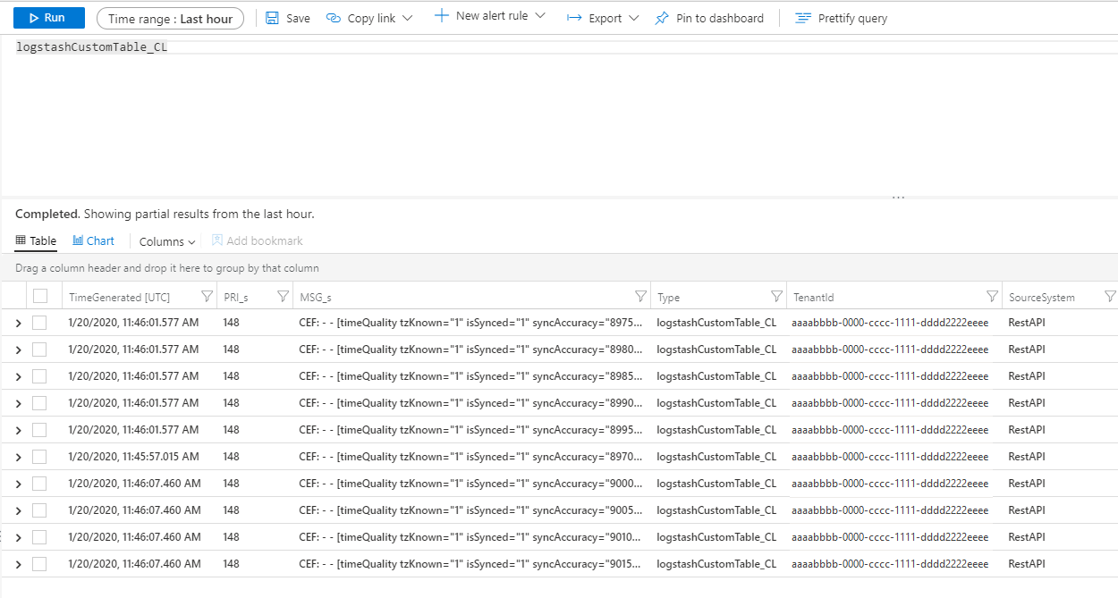 Capture d’écran d’une requête dans les journaux personnalisés Logstash.