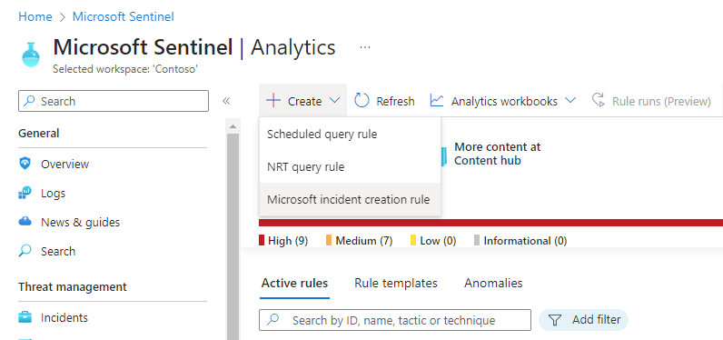 Capture d’écran de la création d’une règle de Sécurité Microsoft sur la page Analyse.