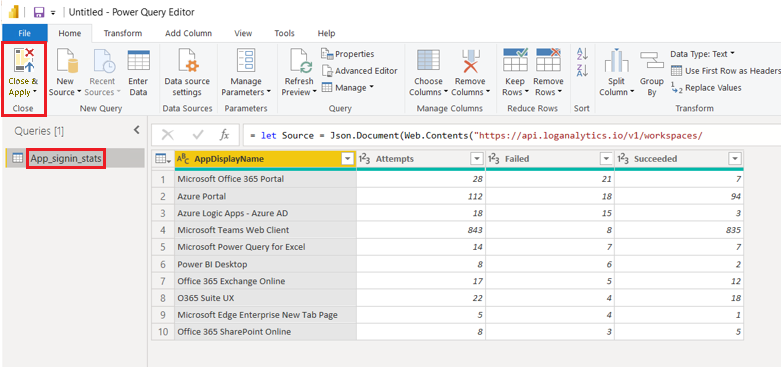 Capture d’écran montrant la requête renommée et l’option Fermer et appliquer dans l’Éditeur Power Query.