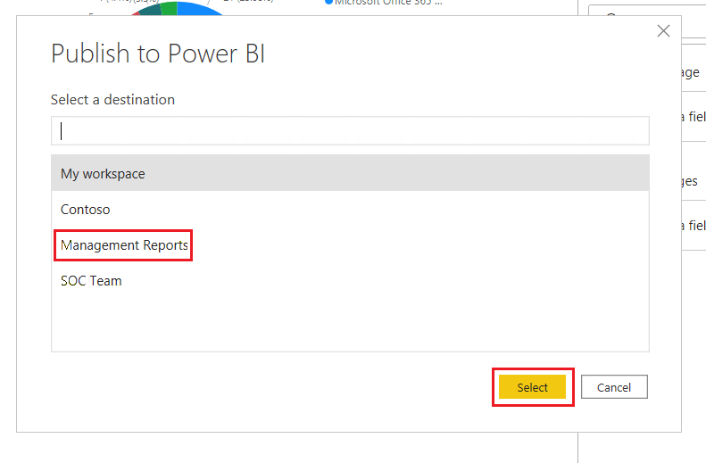 Capture d’écran qui montre la sélection de l’espace de travail Rapports de gestion Power BI dans lequel publier.