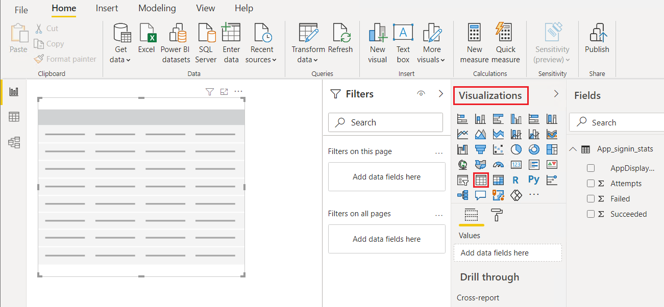 Capture d’écran montrant l’icône de table sous Visualisations dans Power BI Desktop.