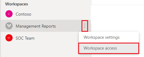 Capture d’écran montrant l’option Accès à l’espace de travail dans le menu Autres options de l’espace de travail.