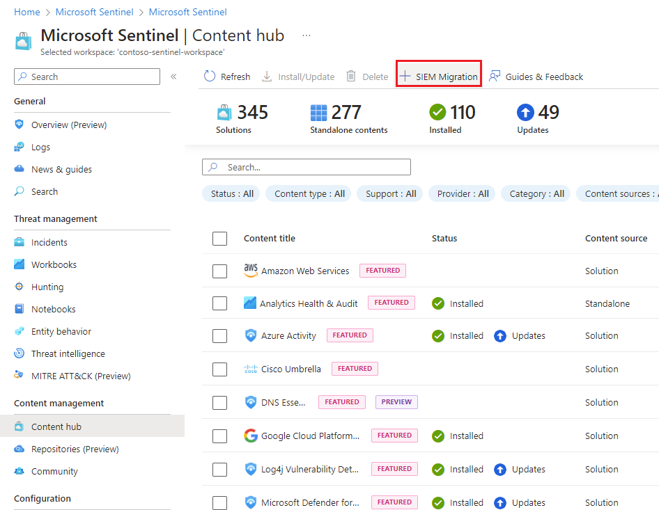 Capture d’écran montrant le hub de contenu dans le portail Azure avec l’élément de menu pour l’expérience de migration SIEM.