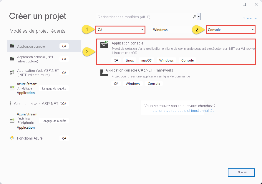 Image représentant la boîte de dialogue Créer un projet avec C# et la console sélectionnés