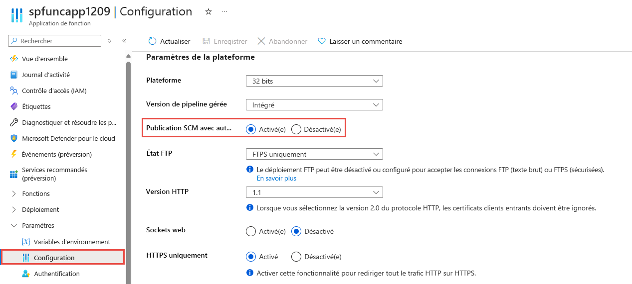 Capture d’écran illustrant l’activation de l’option Publication de l’authentification de base du SCM.