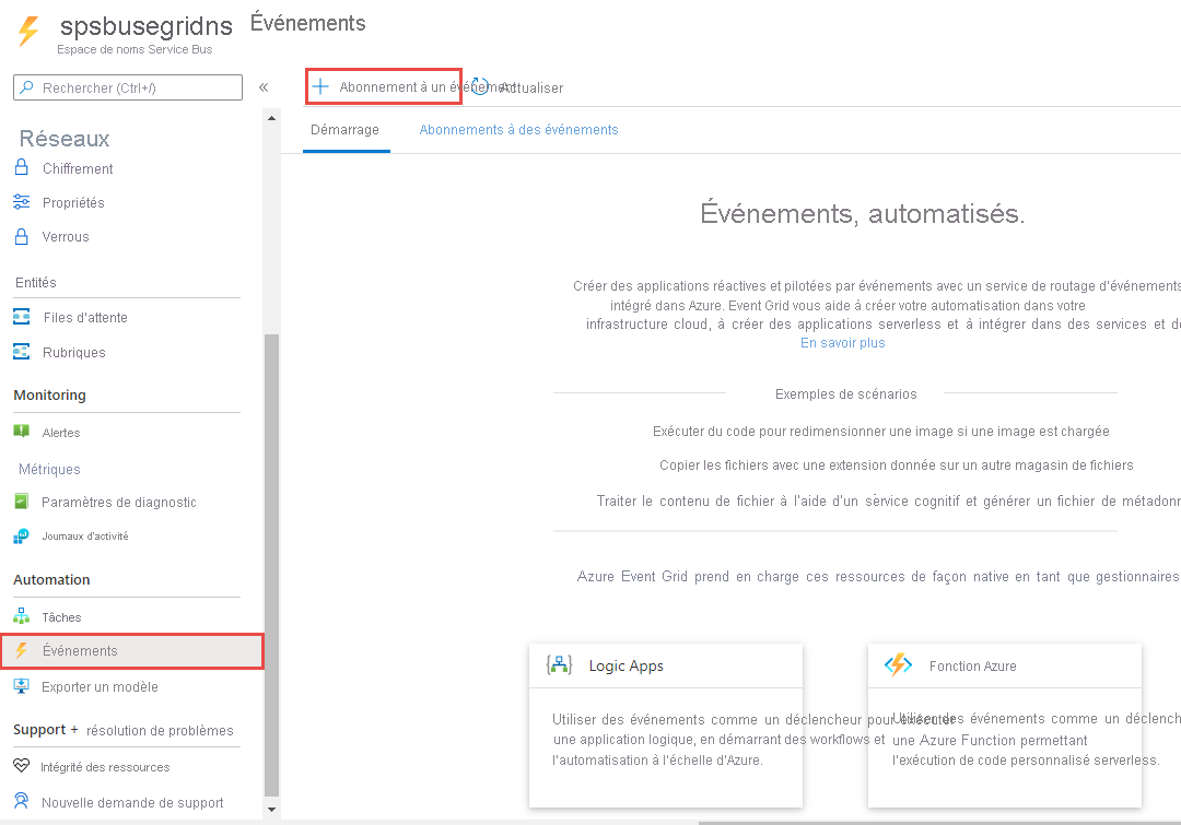 Service Bus - page d’événements