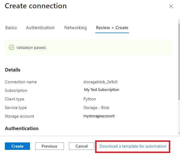 Capture d’écran du portail Azure montrant l’exportation d’un modèle ARM d’une ressource du Connecteur de services.