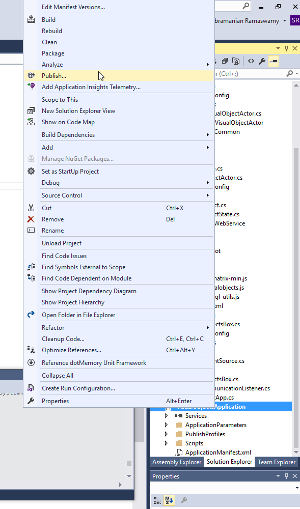 Menu contextuel pour une application Service Fabric