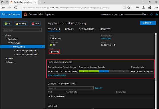 Capture d’écran qui montre l’application Voting dans Service Fabric Explorer s’exécutant dans un navigateur, avec les messages d’état mis en surbrillance.