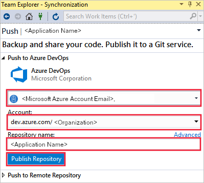 Capture d’écran de la fenêtre Envoyer (push) à Azure DevOps. Les paramètres d’e-mail, de compte, de nom de référentiel et le bouton de publication du référentiel sont mis en évidence.