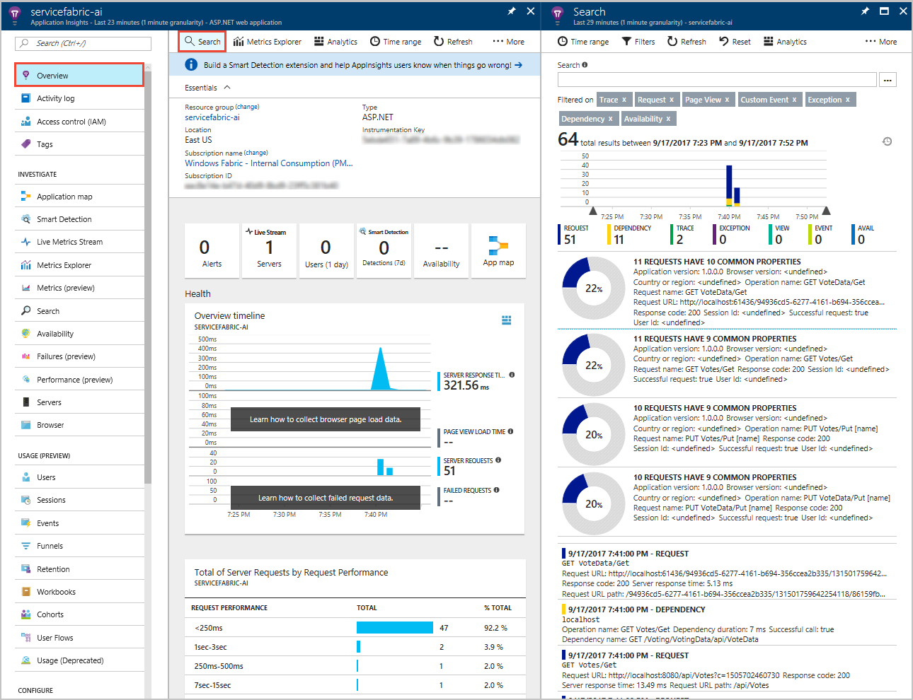 Capture d’écran montrant la vue Voir les traces d’Application Insights.