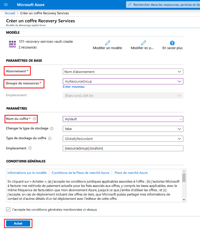 Modèle pour créer un coffre Recovery Services.