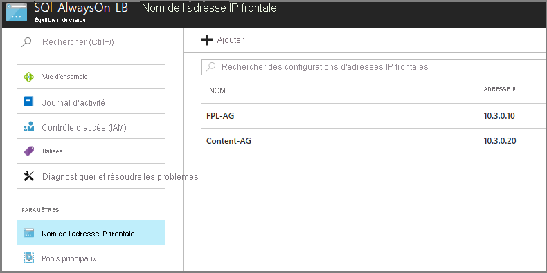 Capture d’écran de la fenêtre intitulée « SQL-AlwaysOn-LB – Frontend IP Pool »