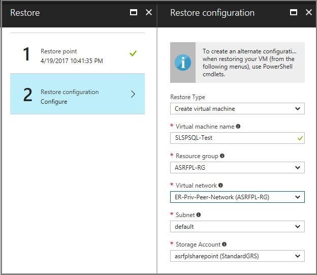 Capture d’écran montrant la fenêtre de restauration d’une configuration à partir d’Azure Backup