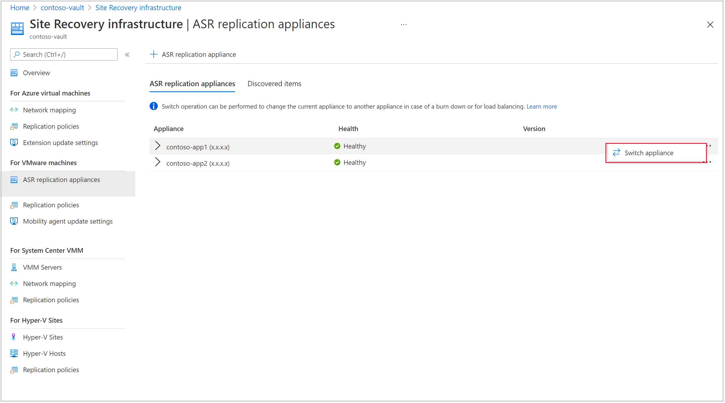 Sélectionner l’appliance de réplication à basculer