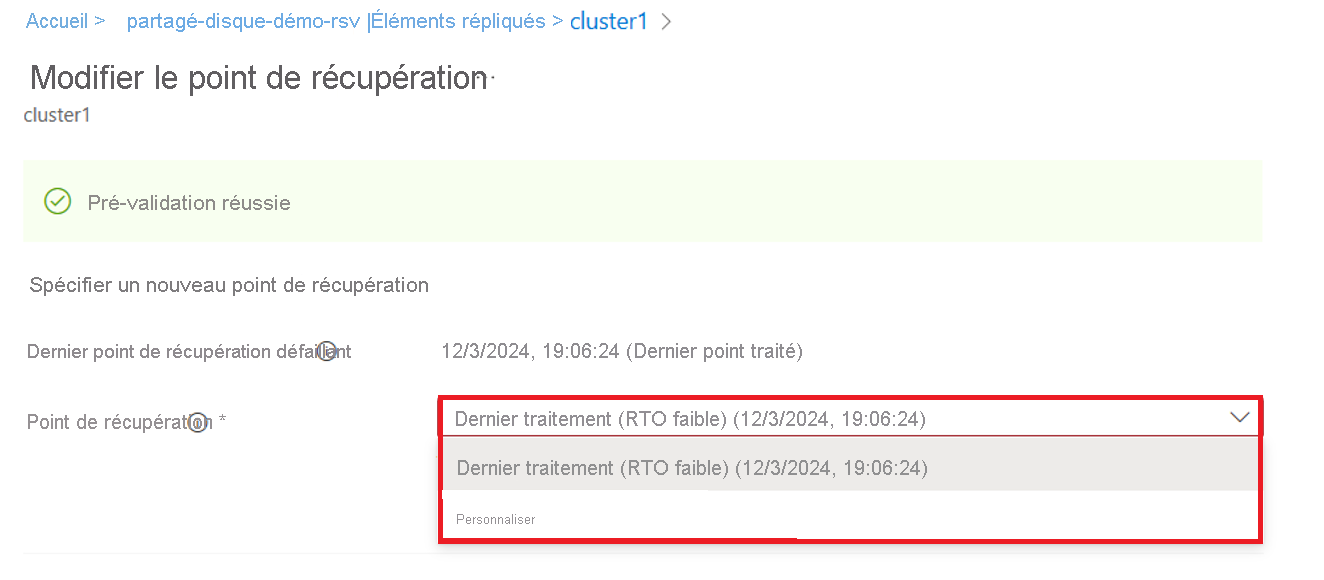 Capture d'écran présentant l'onglet Modifier le point de récupération.