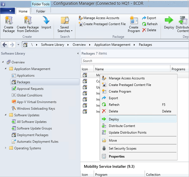 Capture d’écran de la console Configuration Manager montrant l’option de menu Déployer.