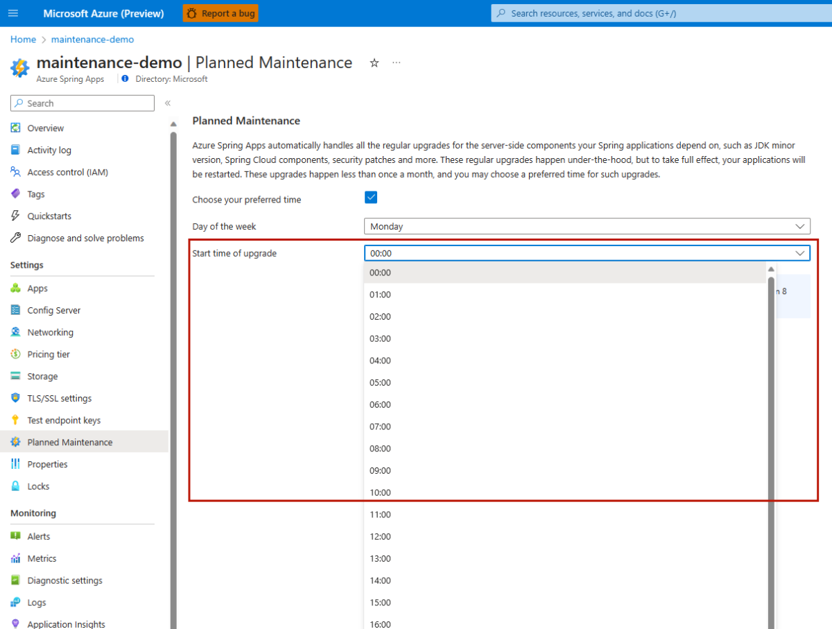 Capture d’écran du portail Azure montrant la page Maintenance planifiée avec l’option Heure de début de la mise à niveau mise en évidence.