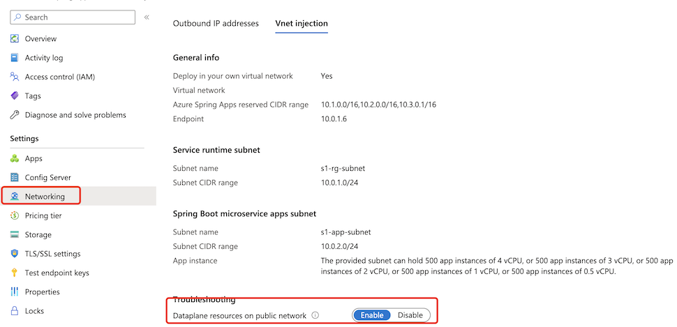 Capture d’écran du portail Azure montrant la page Mise en réseau avec l’onglet Injection dans le VNet sélectionné et la section Résolution des problèmes mise en évidence.