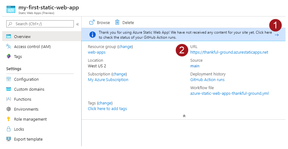 Fenêtre de vue d’ensemble d’Azure Static Web Apps.