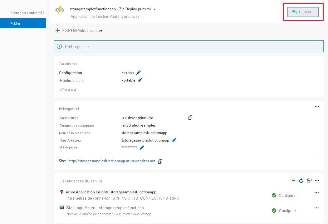 Capture d’écran montrant la page de publication d’une fonction Azure à partir de Visual Studio