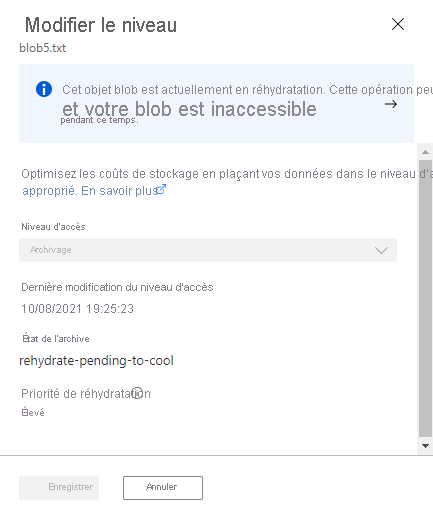 Screenshot showing the rehydration status for a blob in the Azure portal.