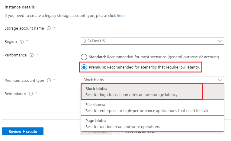 Option d’objet blob de blocs Premium