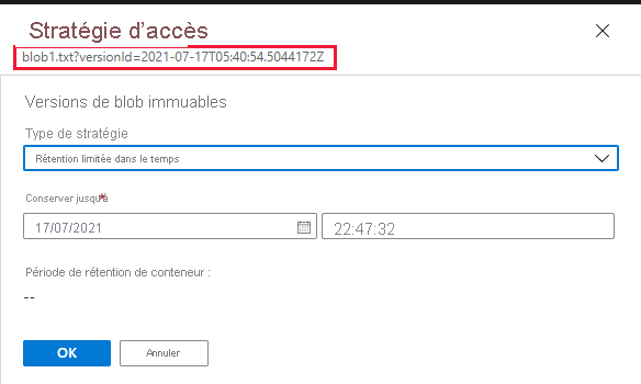 Capture d’écran montrant comment configurer une stratégie de rétention pour une version précédente de l’objet blob dans le Portail Azure