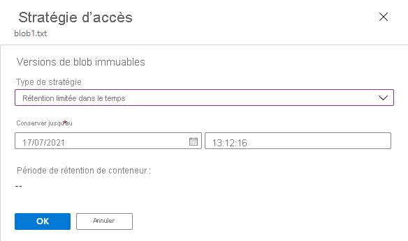 Capture d’écran montrant comment configurer une stratégie de rétention pour la version actuelle d’un objet blob