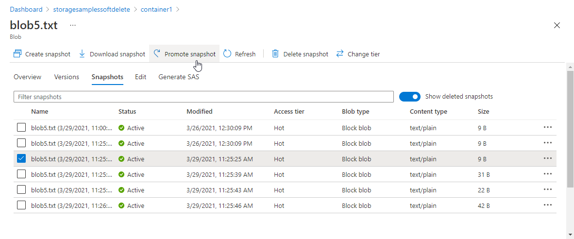 Capture d’écran montrant comment promouvoir une capture instantanée sur l’objet blob de base