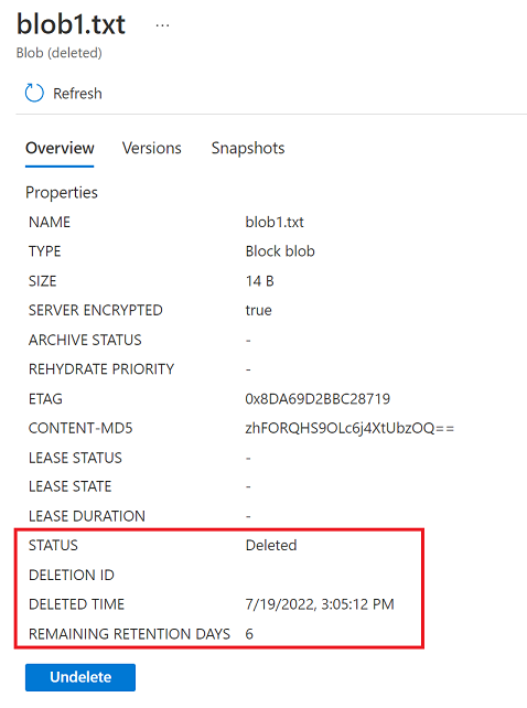 Capture d’écran montrant les propriétés de l’objet blob supprimé de manière réversible dans le portail Azure