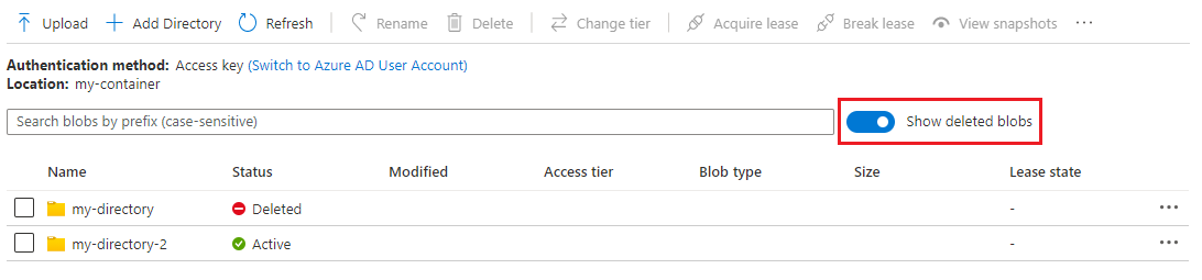 Capture d’écran montrant comment lister les blobs supprimés de manière réversible dans le portail Azure (comptes avec espace de noms hiérarchique)