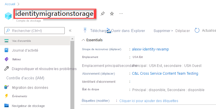 Capture d’écran montrant comment trouver le nom du compte de stockage.