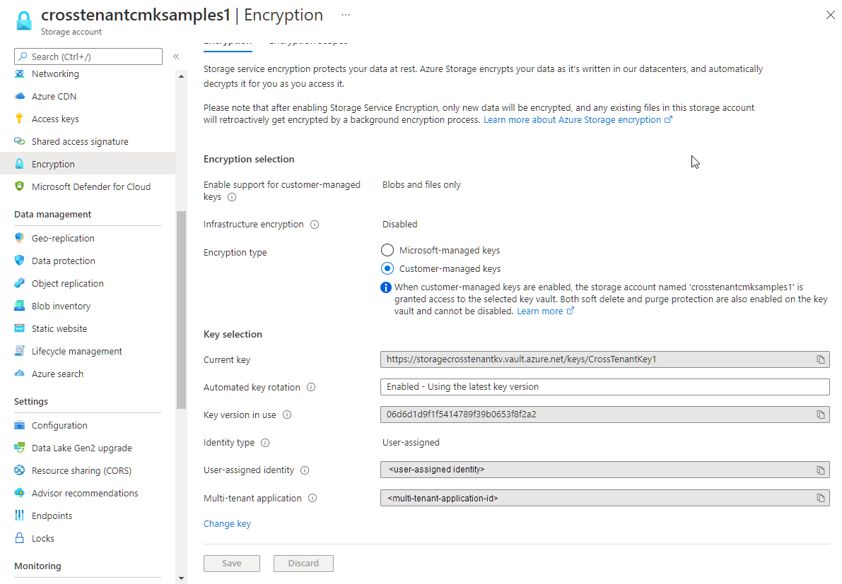 Capture d’écran montrant une configuration de clé gérée par le client inter-locataires.