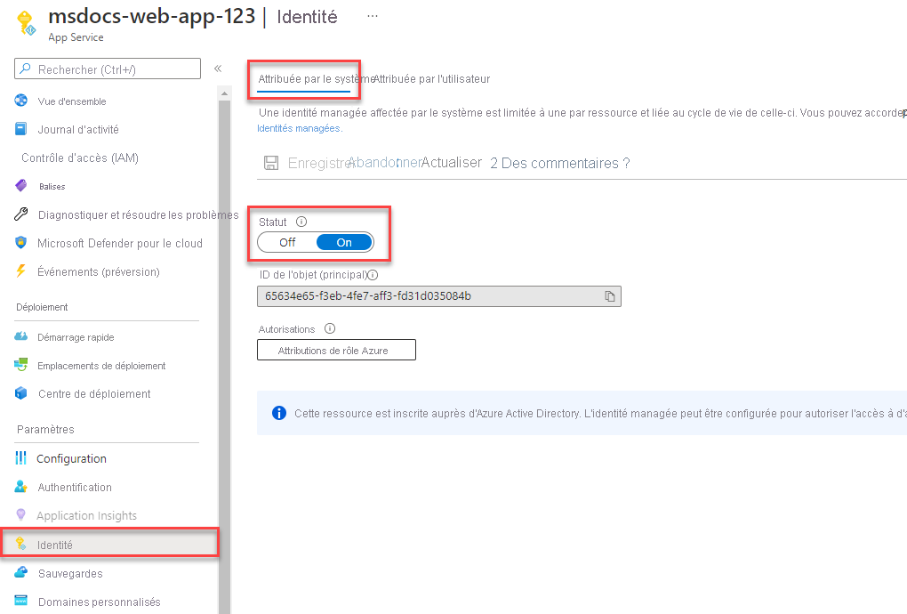 Screenshot showing how to assign a system assigned managed identity.