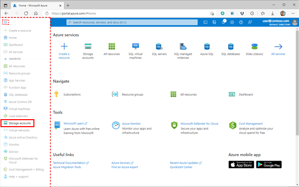 Image de la page d’accueil du portail Azure montrant l’emplacement du bouton Menu près de l’angle supérieur gauche du navigateur.