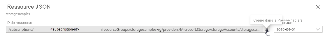 Screenshot showing how to copy the resource ID for the storage account from the portal