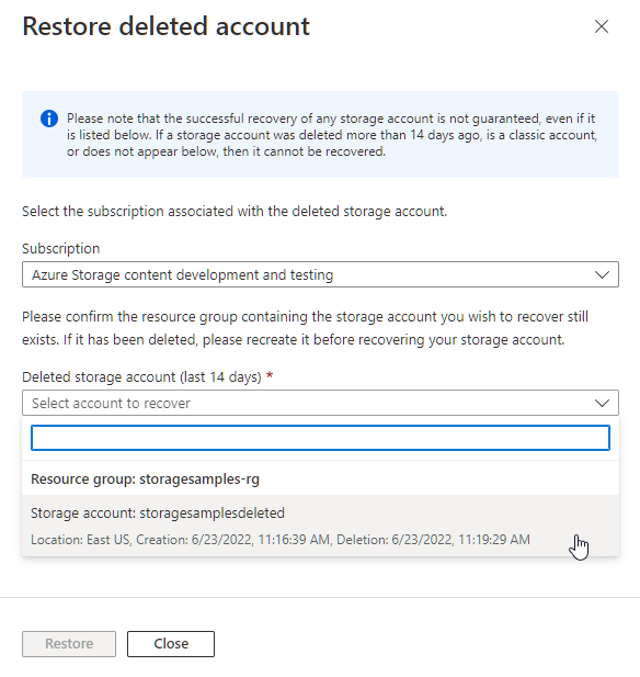 Capture d’écran montrant comment récupérer un compte de stockage dans le portail Azure