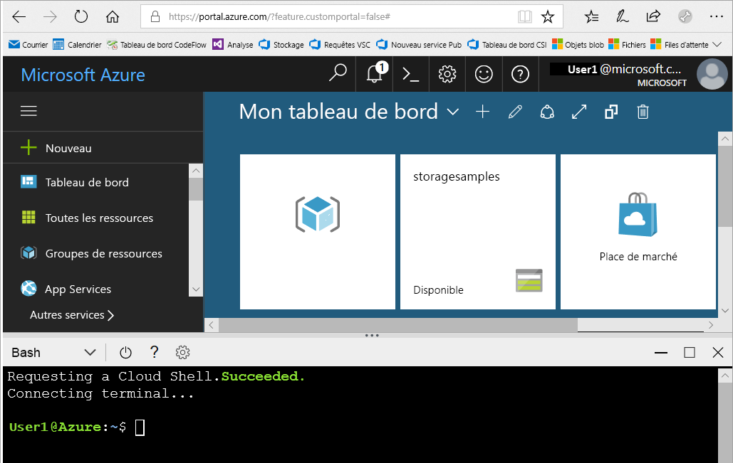 Capture d’écran représentant la fenêtre Cloud Shell du portail