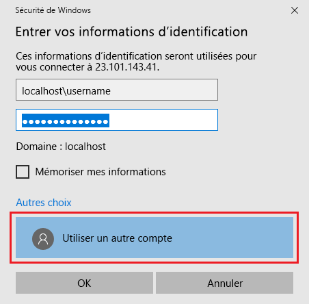 Capture d’écran montrant comment entrer vos informations d’identification de connexion pour la machine virtuelle.