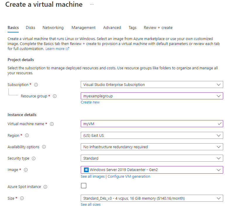 Capture d’écran montrant comment fournir les détails du projet et de l’instance lors de la création d’une machine virtuelle pour ce tutoriel.