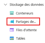 Capture d’écran montrant la section Stockage des données du compte de stockage, avec la sélection des partages de fichiers.