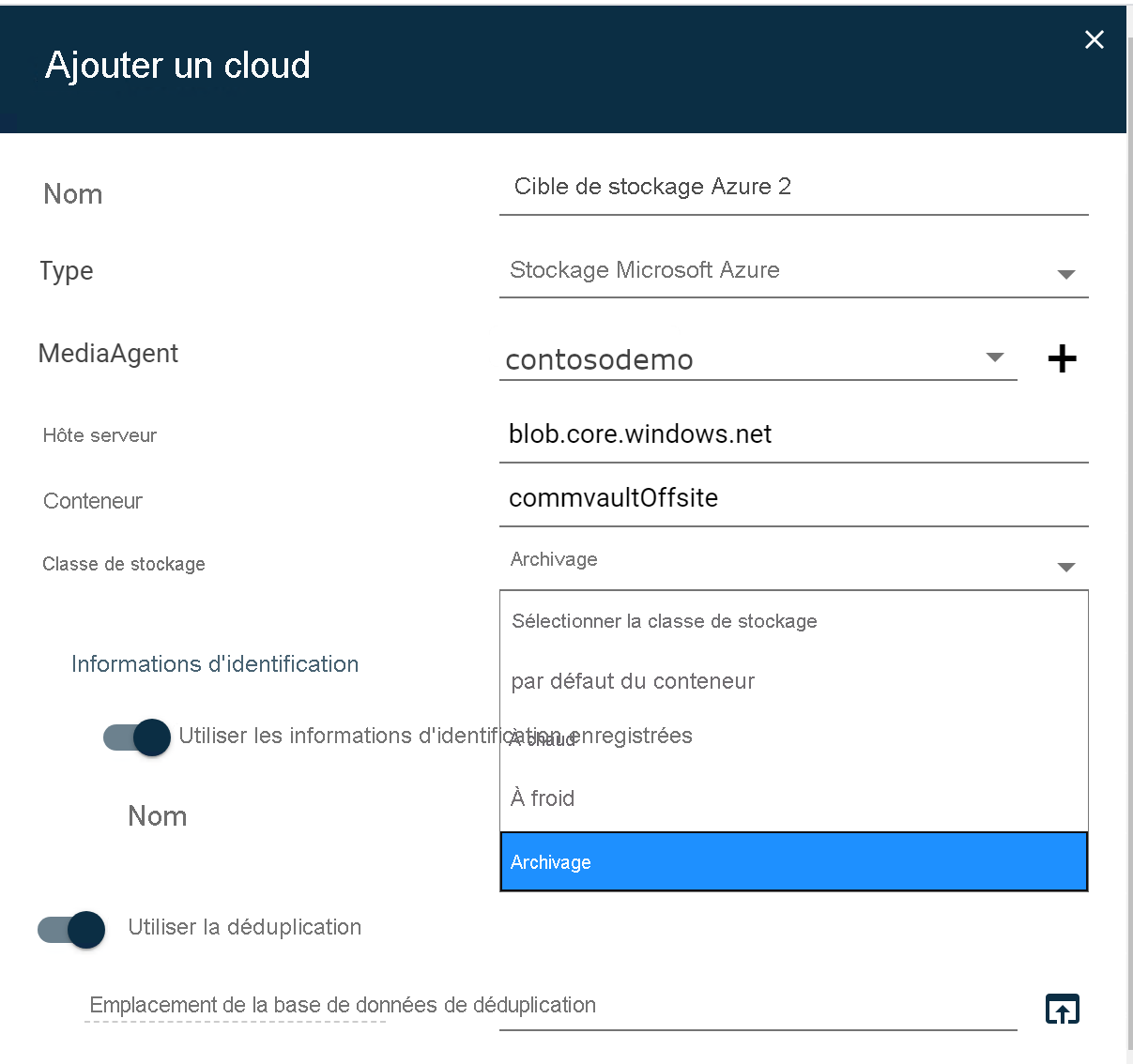 Capture d’écran de l’interface utilisateur cloud Ajouter de CommVault. Dans le menu déroulant Archive, « Archive » est sélectionné.