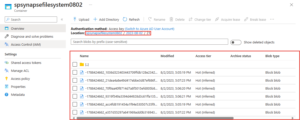 Capture d'écran montrant les fichiers parquet capturés dans Azure Data Lake Storage Gen 2.