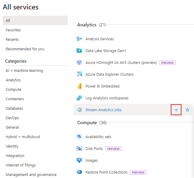 Capture d’écran montrant la sélection des tâches Stream Analytics dans la page Tous les services.