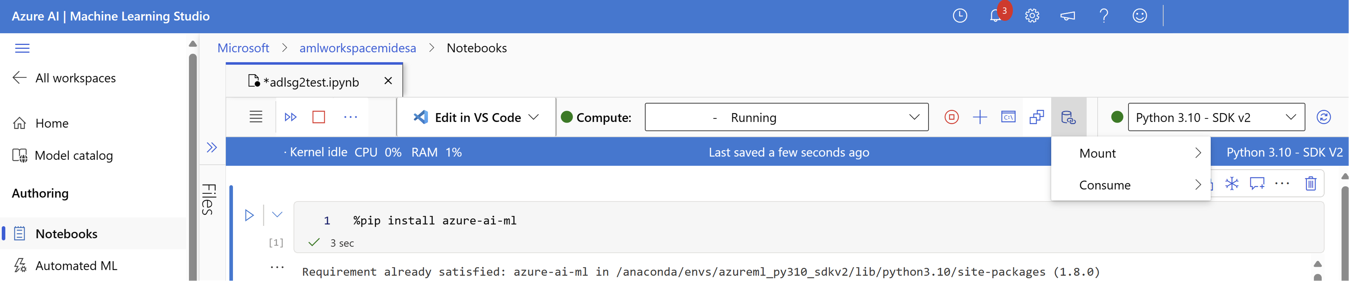 Capture d’écran de l’option Azure Machine Learning permettant de sélectionner des actions de données.