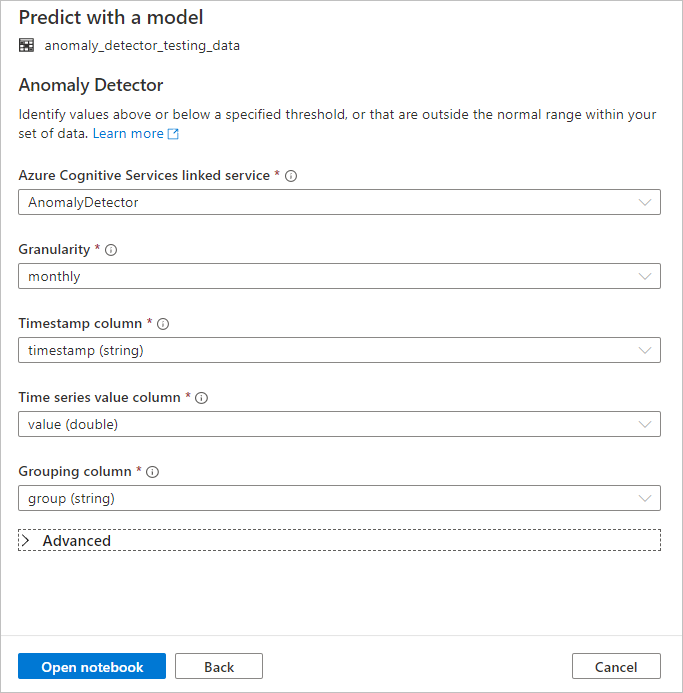 Capture d’écran montrant les détails de la configuration du Détecteur d’anomalies