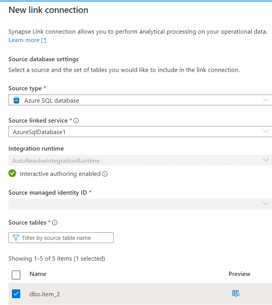 Capture d’écran qui montre comment créer une connexion de liaison à partir d’une base de données Azure SQL.