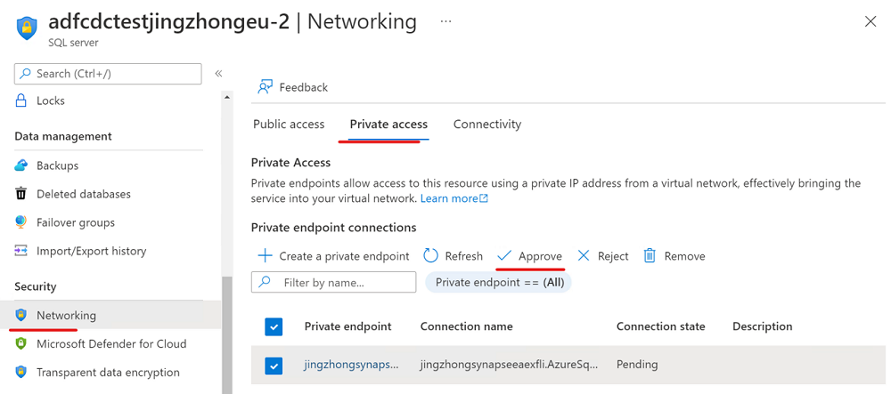 Capture d’écran d’un nouveau point de terminaison privé du service lié à la base de données Azure SQL 3.